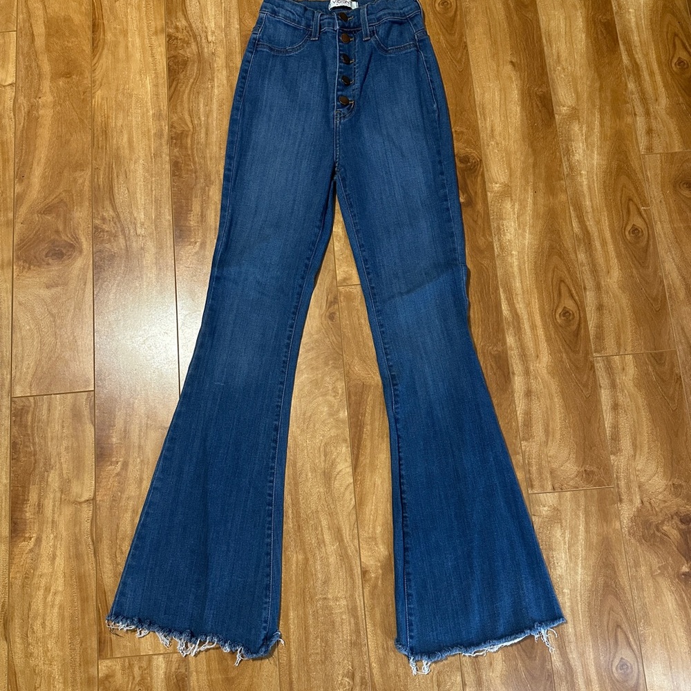 High-Waisted Flare Frayed Hem Jeans in Blue